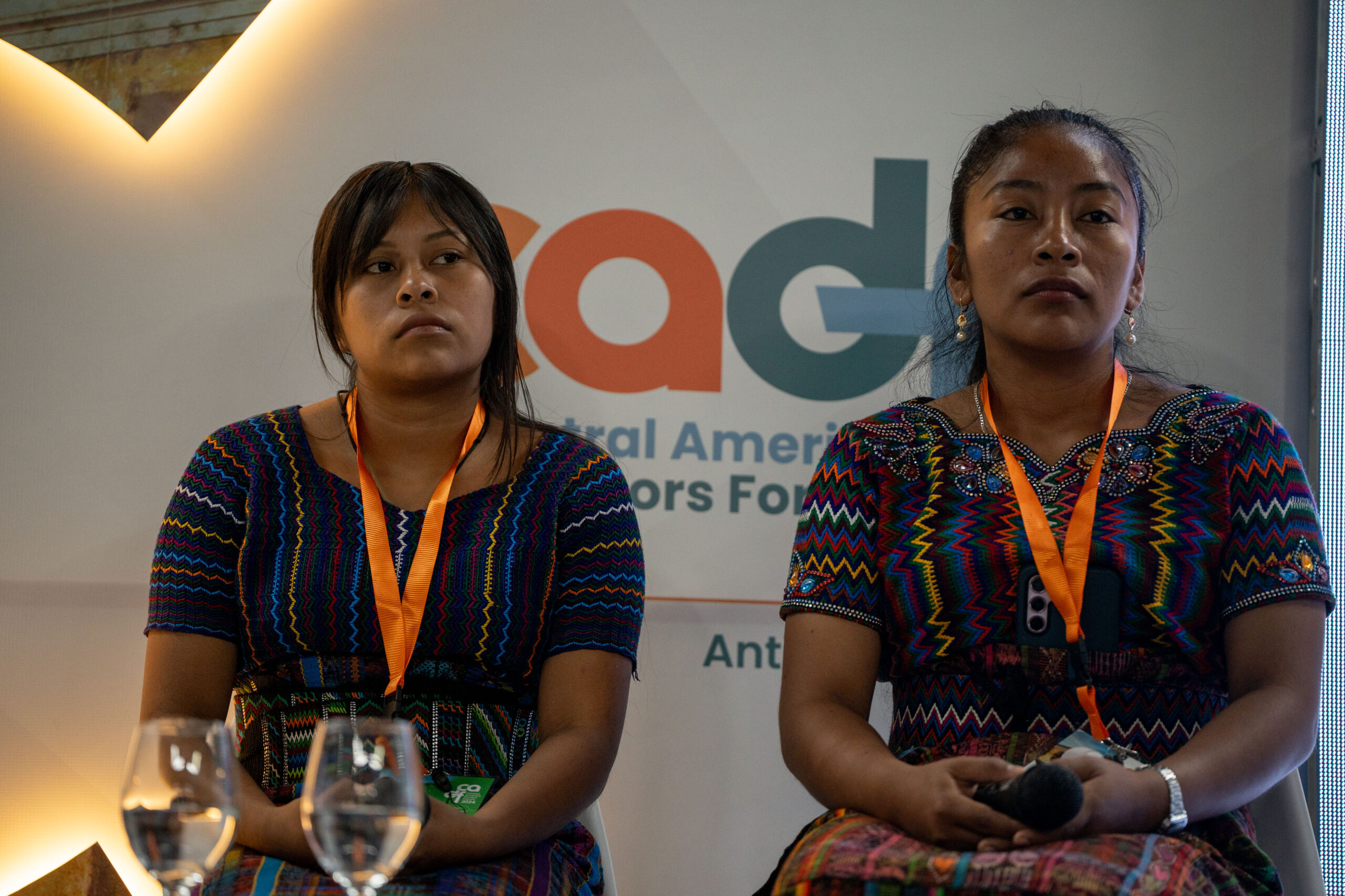 Dos mujeres participando en una conferencia.